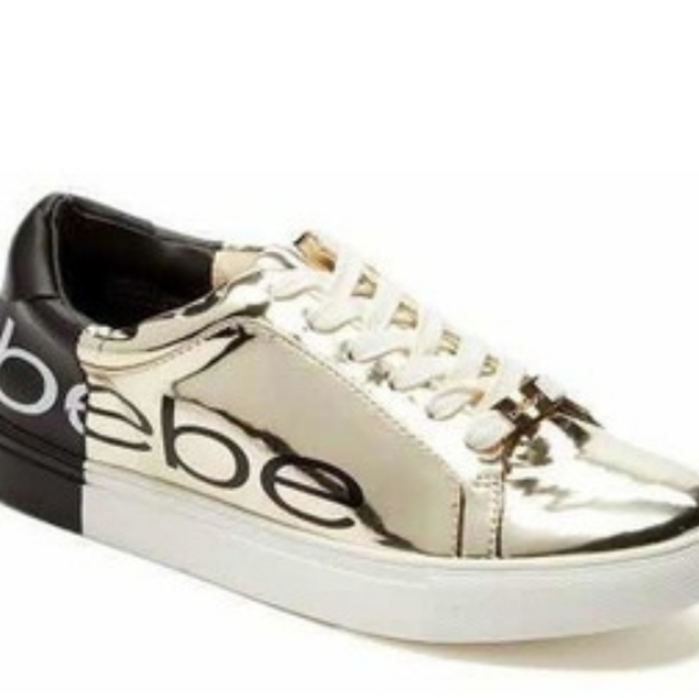 Bebe Charley Low Top Silver and Black Logo Sneakers Sz 7